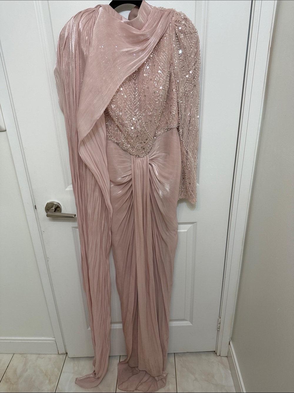 Sequin & Draped Long-Sleeve Evening Gown in Blush Pink